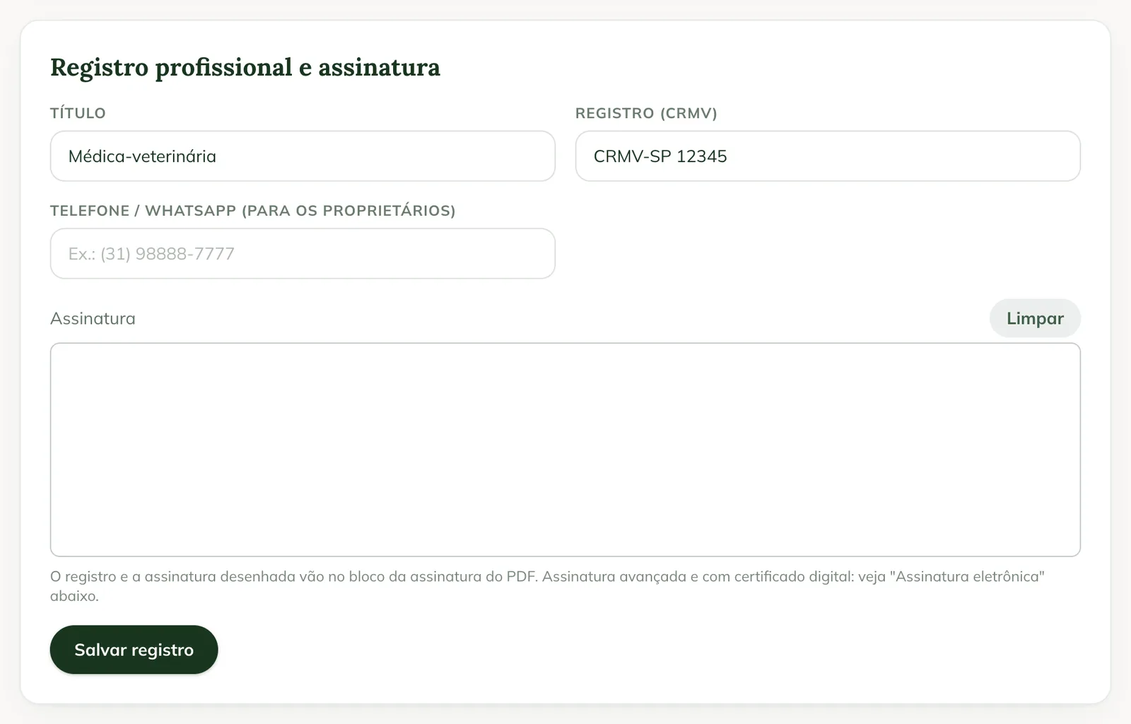 Tarjeta Registro profesional y firma en la web, con Título, Matrícula (CRMV), Teléfono / WhatsApp y el recuadro de la firma
