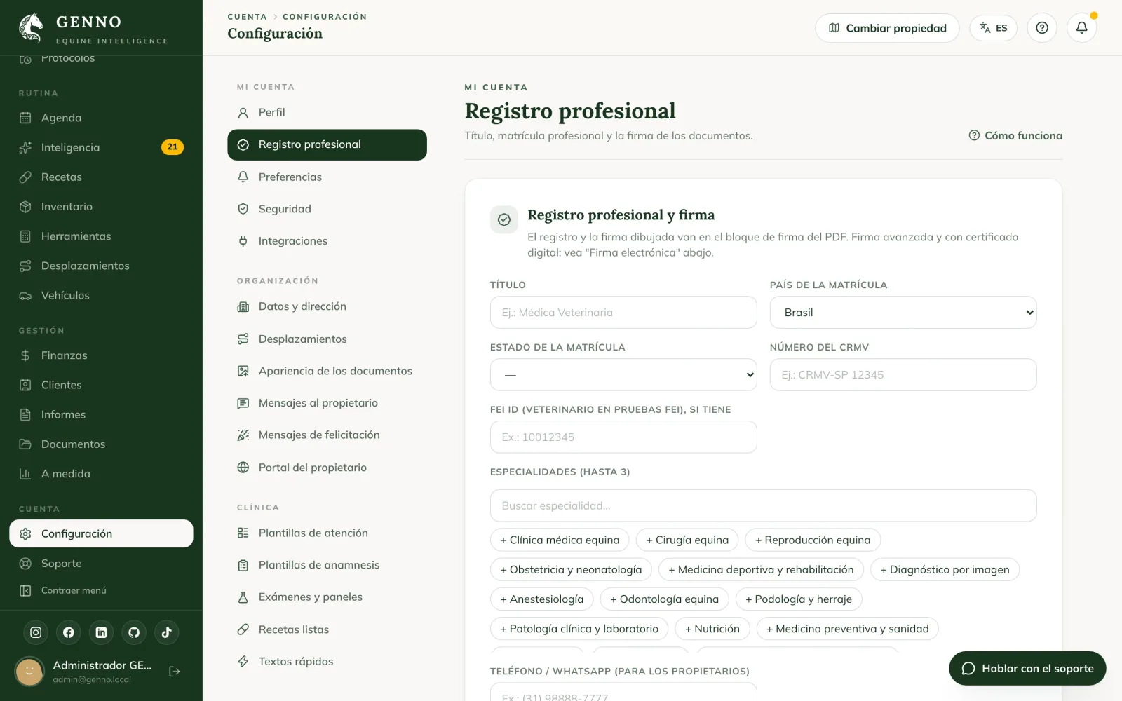 Tarjeta Registro profesional y firma en la web, con Título, Matrícula (CRMV), Teléfono / WhatsApp y el recuadro de la firma