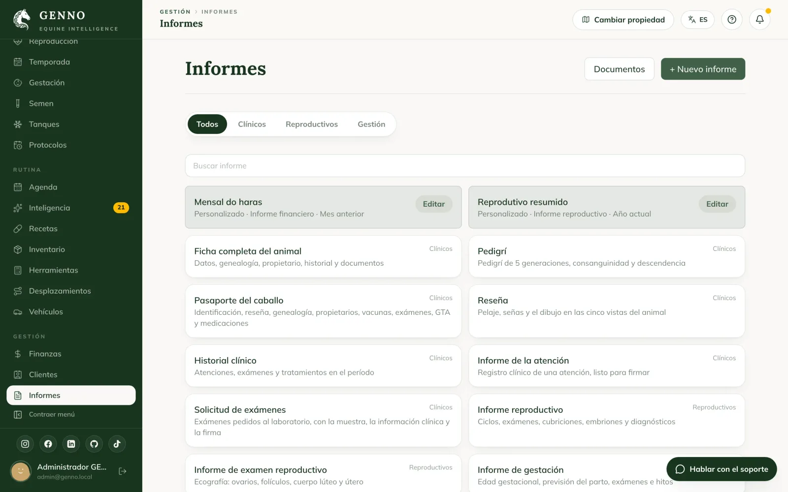 Central de Informes en la web, con las pestañas Todos, Clínicos, Reproductivos y Gestión, dos informes personalizados y los informes de GENNO