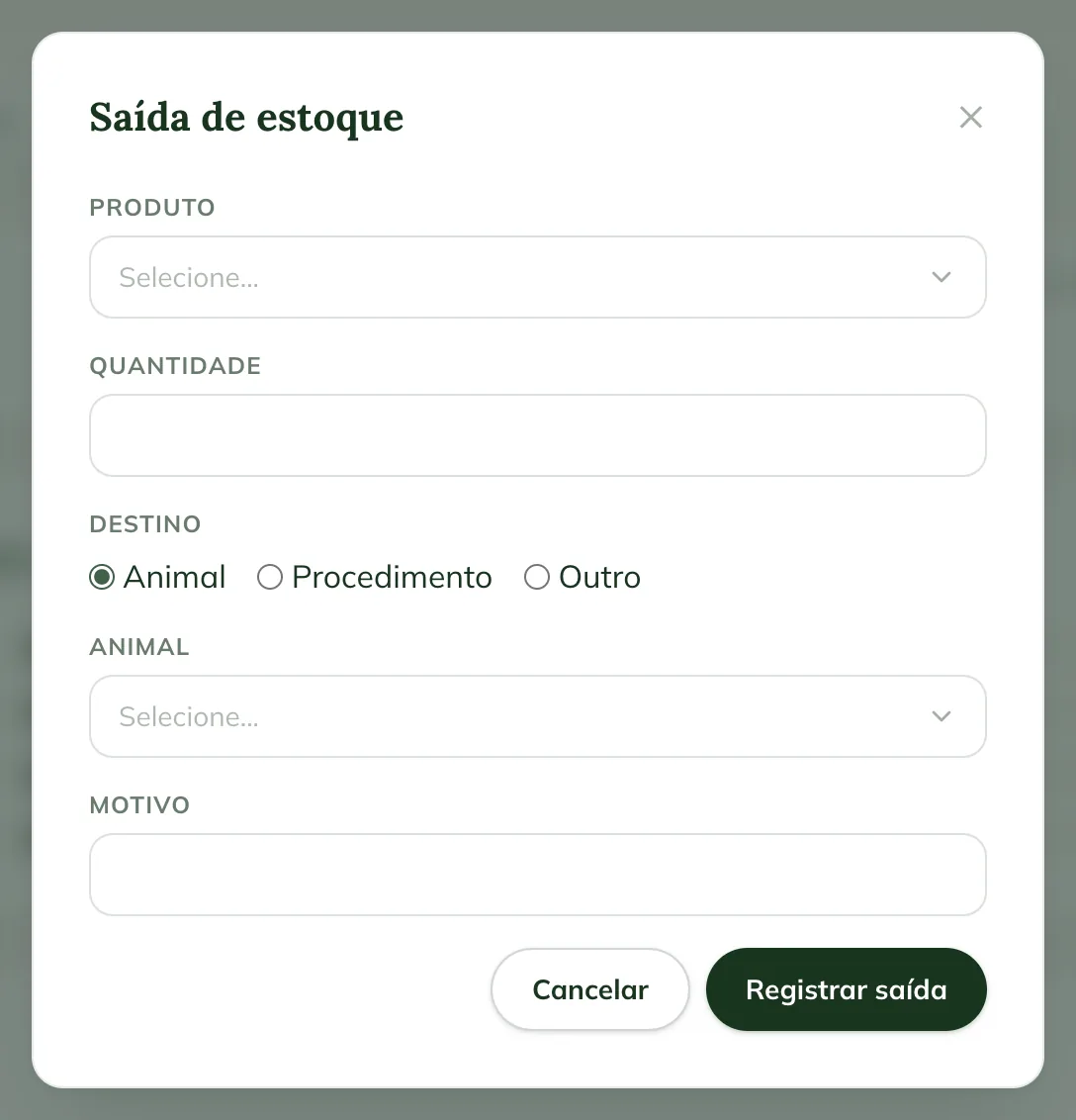 Ventana Salida de inventario en la web, con Producto, Cantidad, Destino Animal, Procedimiento u Otro, Animal y Motivo