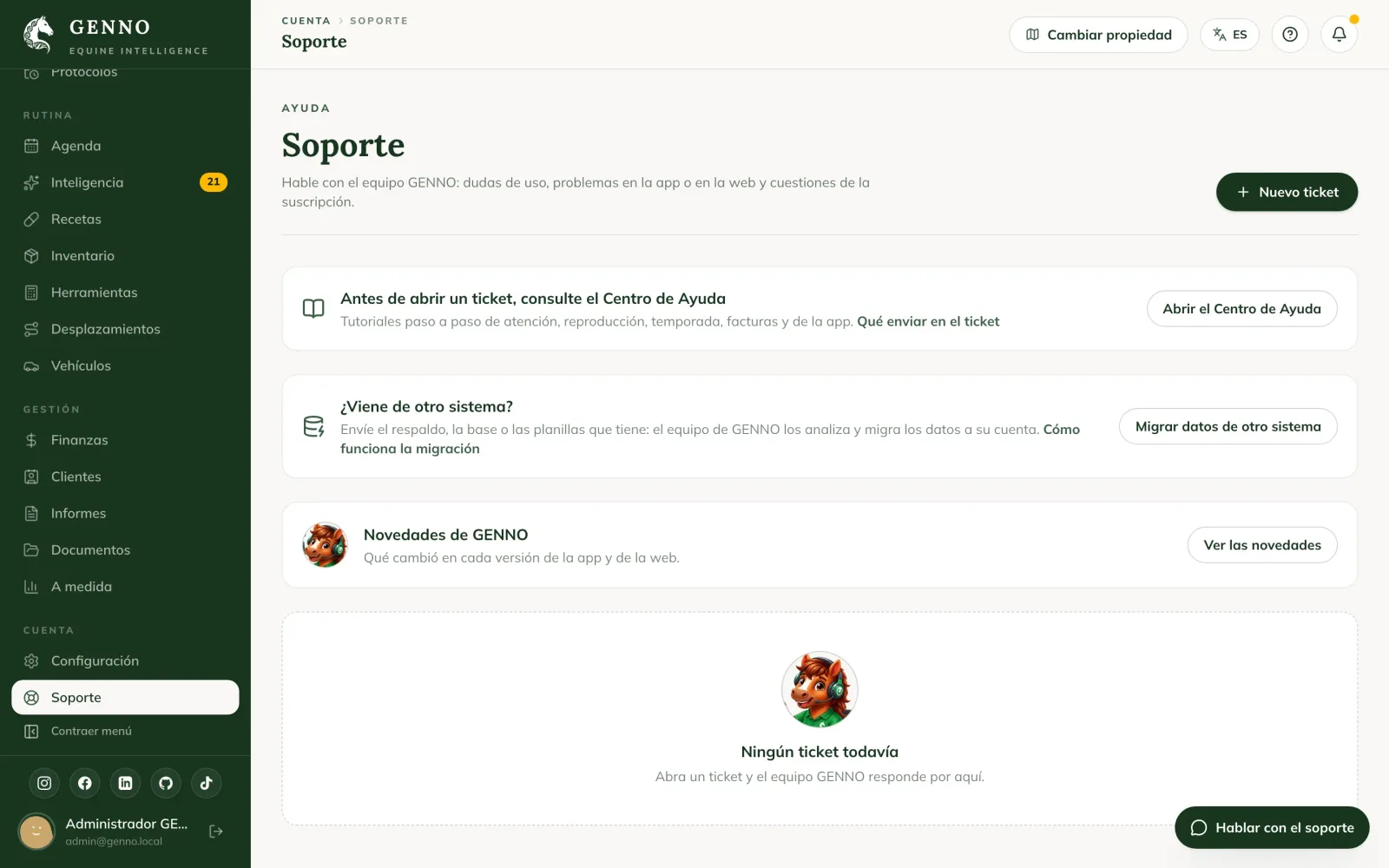 Página Soporte en la web, con el acceso al Centro de Ayuda y la lista de tickets con el ticket #1 Abierto