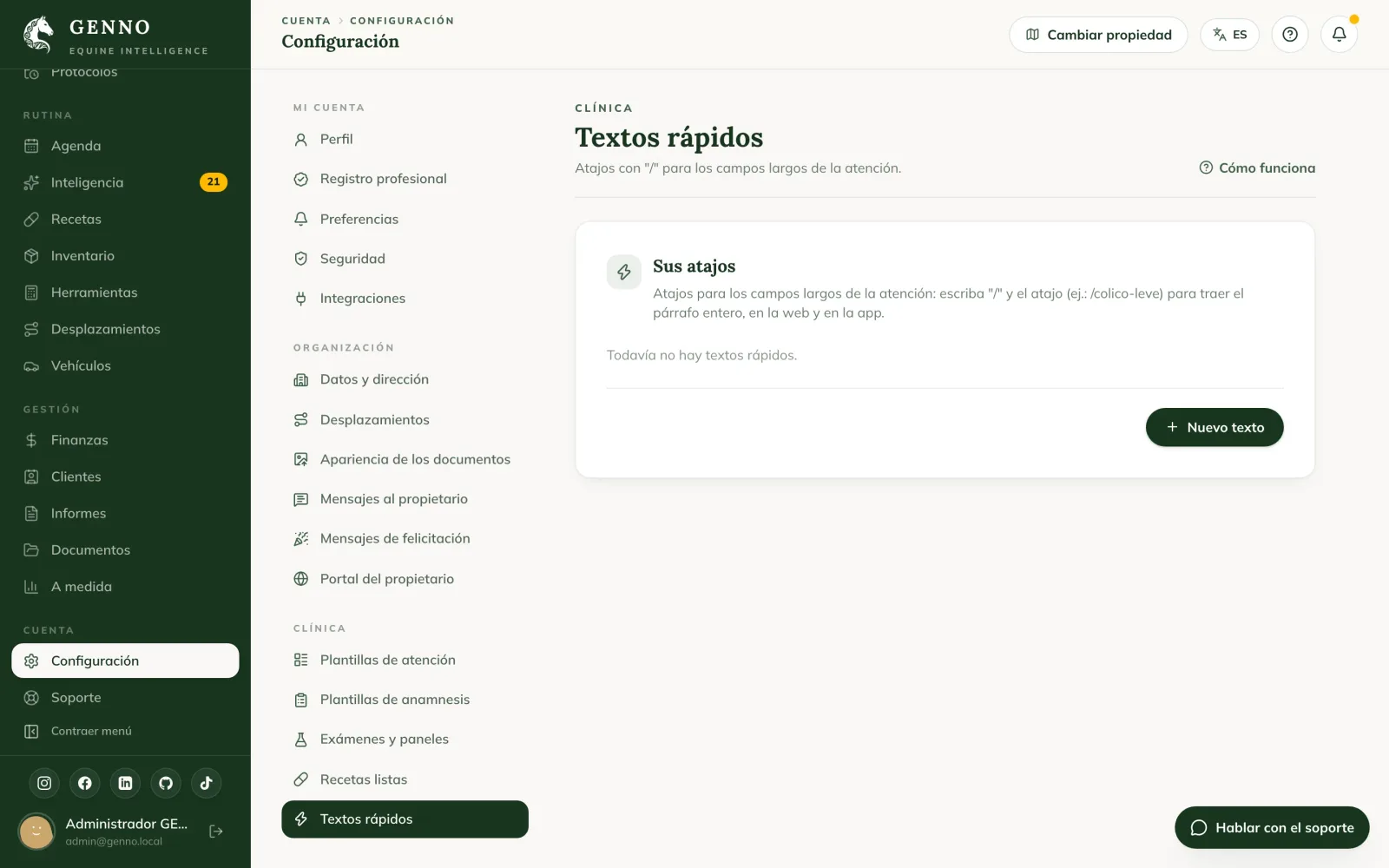 Textos rápidos en la Configuración de la web, con tus textos personales y los del equipo