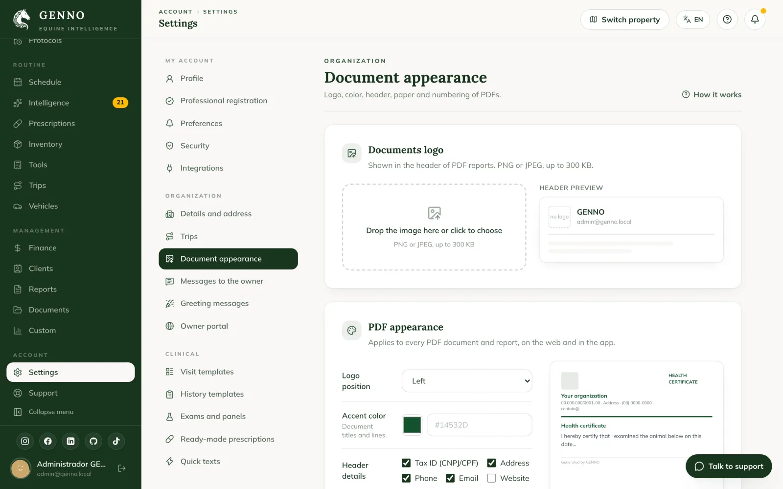Apparence des PDF, avec la couleur d'accent, les informations de l'en-tête, le papier, la taille de police et la numérotation par catégorie