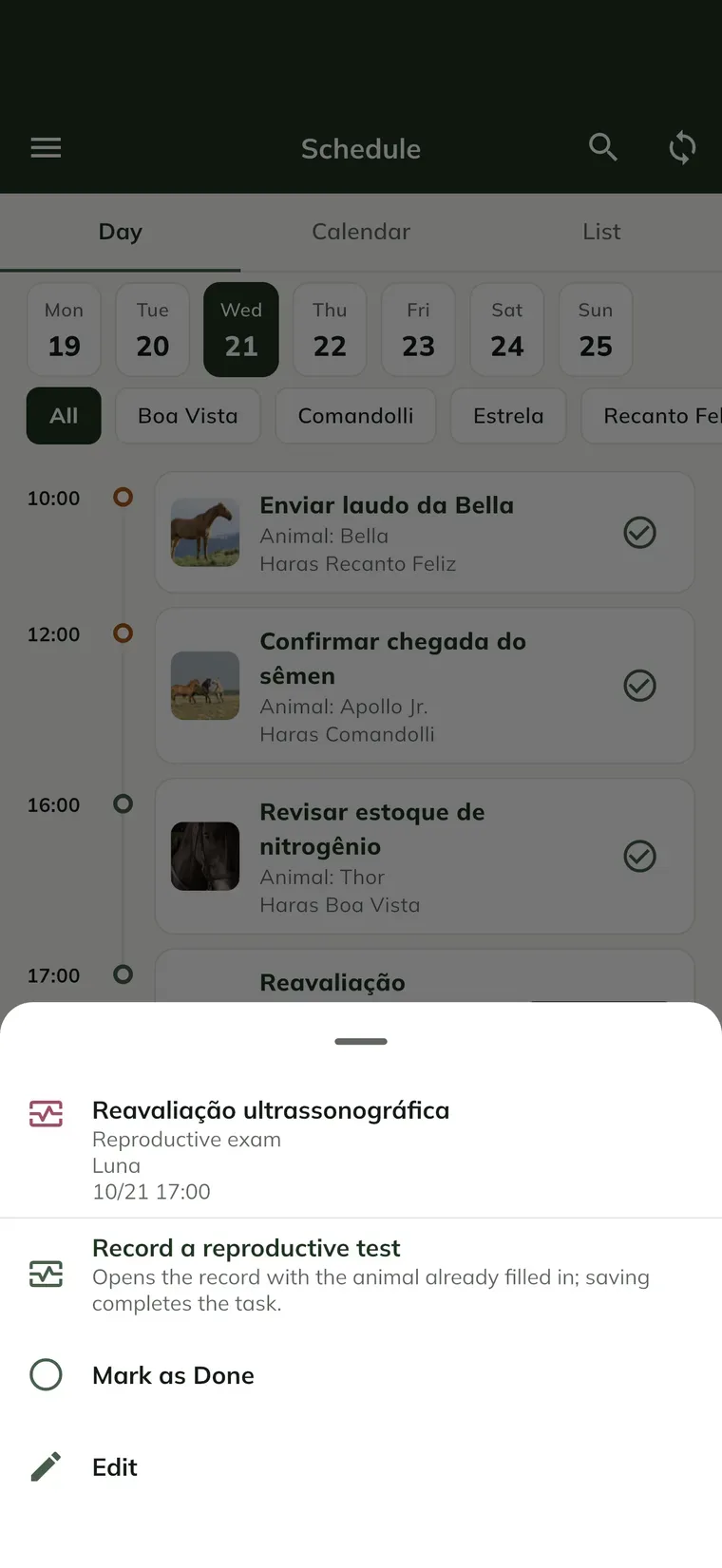 Fiche du rendez-vous dans l'application, avec l'enregistrement de l'examen en premier