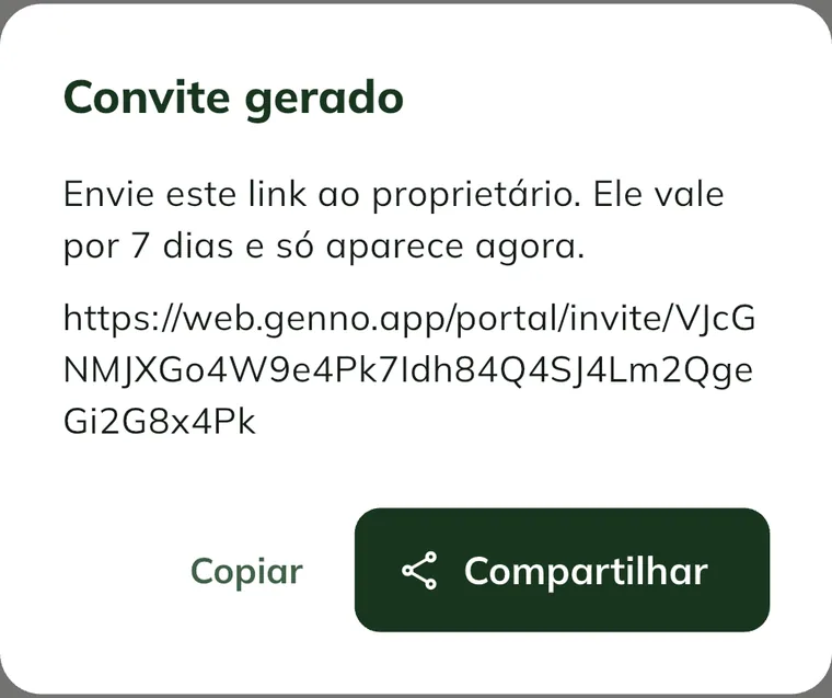Invitation created window in the app, with the invitation link and the Copy and Share buttons