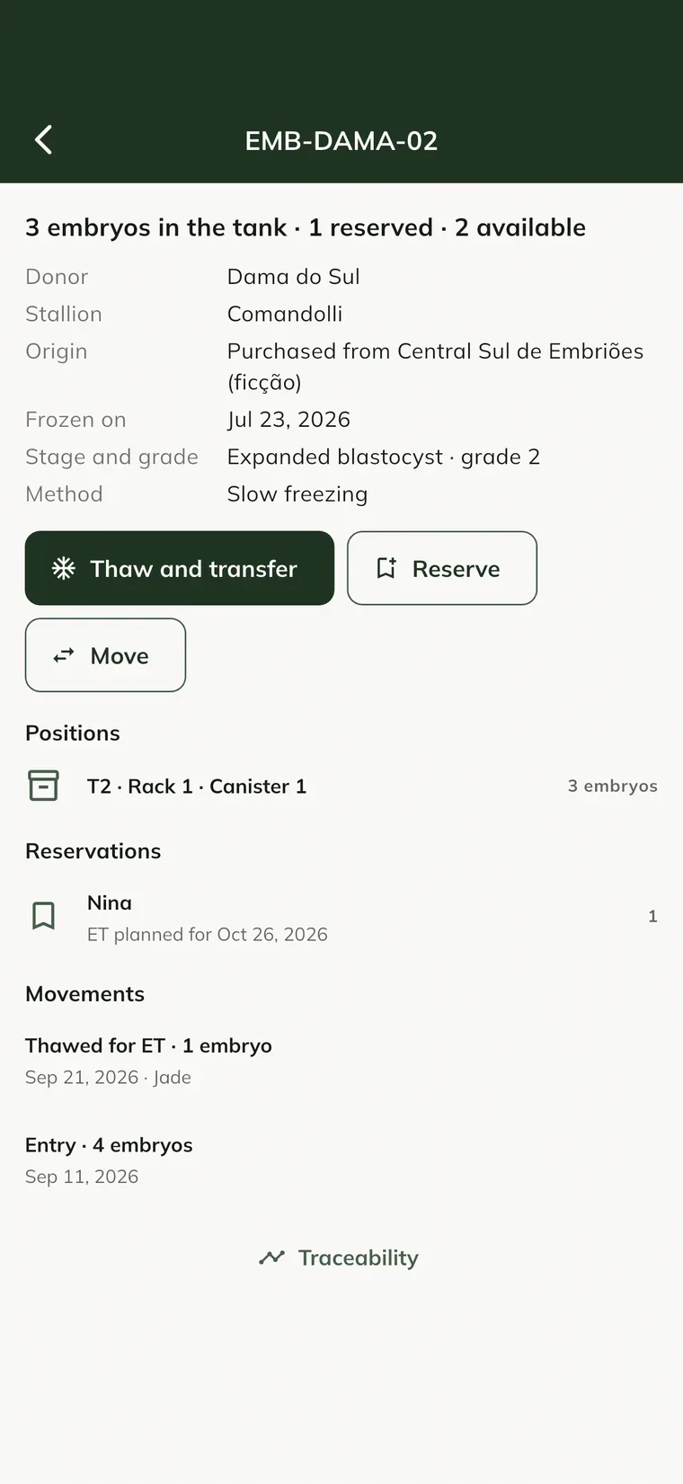 Lot d'embryons dans l'application, avec les positions, la réservation et les mouvements