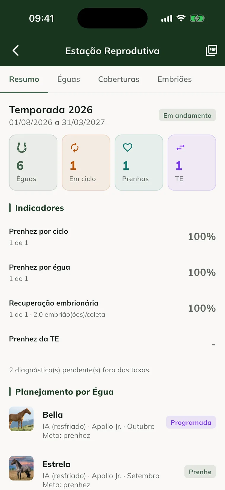 Breeding Season screen in the app, Summary tab, with the counters, the indicators and the plan by mare
