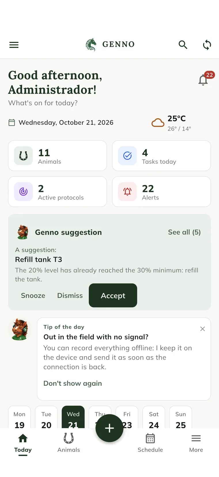 Haut de l'écran Today dans l'application, avec la loupe et l'icône de synchronisation à droite du logo GENNO