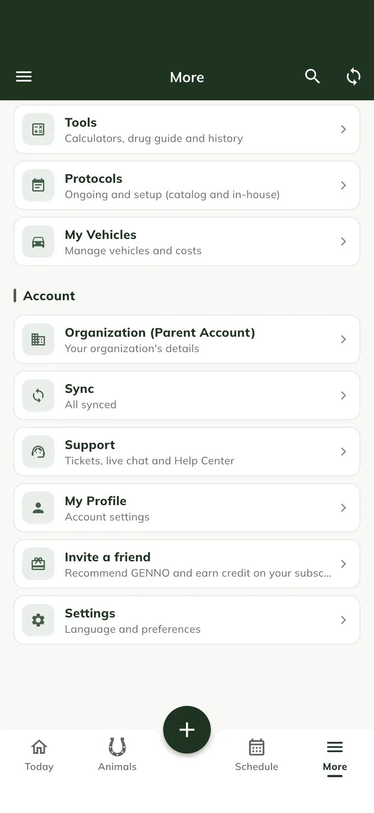 Menu More dans l'application, avec Organization (Parent Account), Sync, My Profile, Invite a friend et Settings
