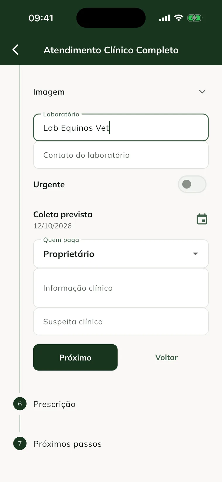 Exams step of the visit in the app, with Laboratory, Laboratory contact, Urgent, Planned collection, Who pays, Clinical information and Clinical suspicion