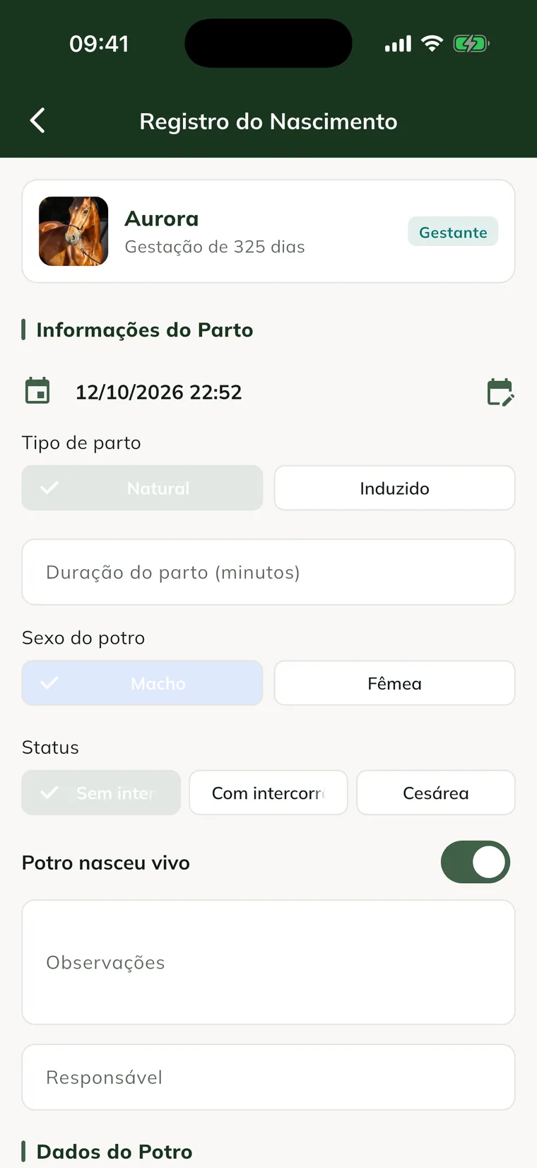 Birth Record screen in the app, with the date, foaling type, duration, foal sex, status and Foal was born alive