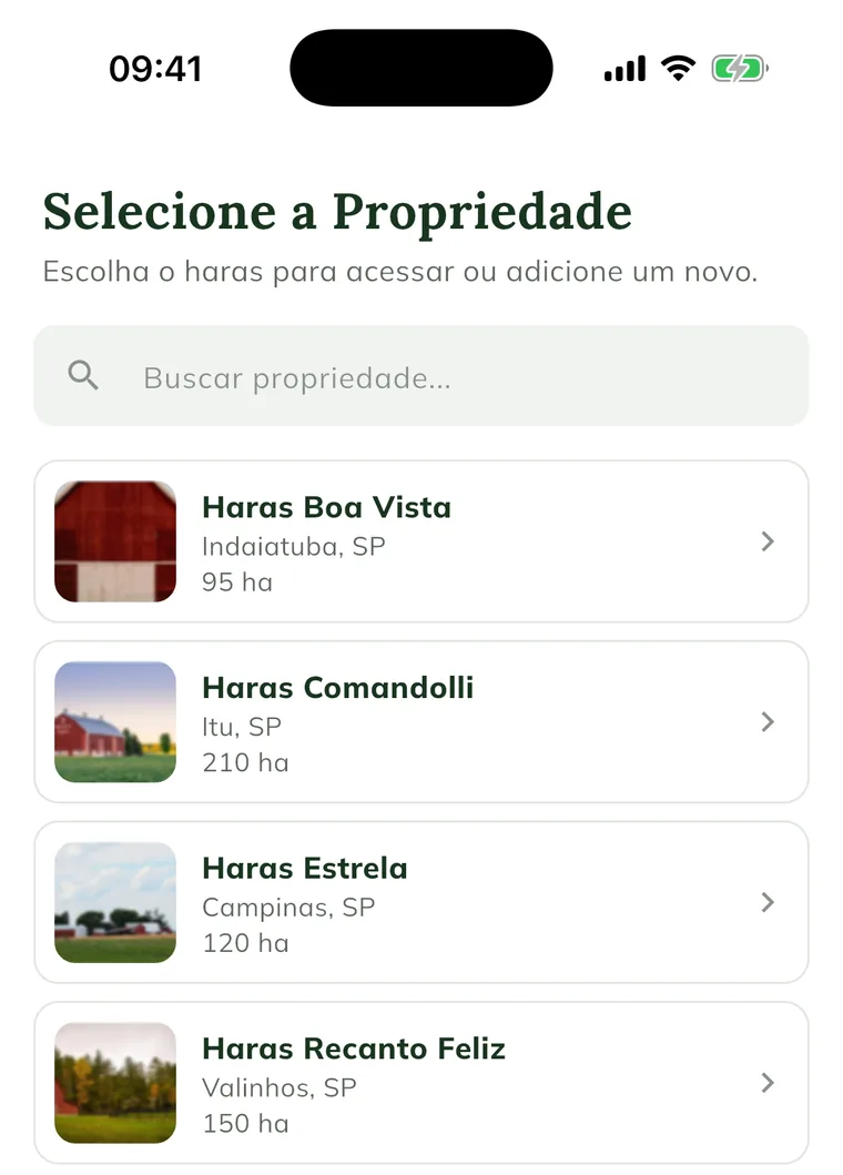 Écran Select the Property dans l'application, avec la recherche et les cartes des propriétés