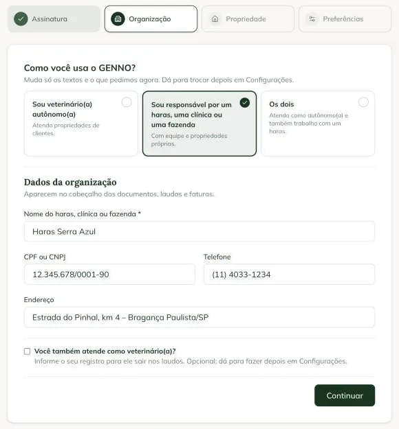 Étape Farm de la configuration initiale, avec les champs Farm or clinic name, Tax ID (CPF or CNPJ), Phone et Address et le bouton Continue