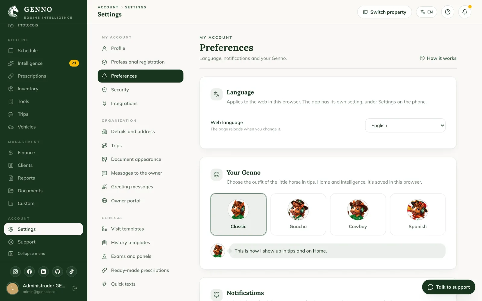 Étape Preferences de la configuration initiale, avec Currency, Time zone et le bouton Finish and enter GENNO