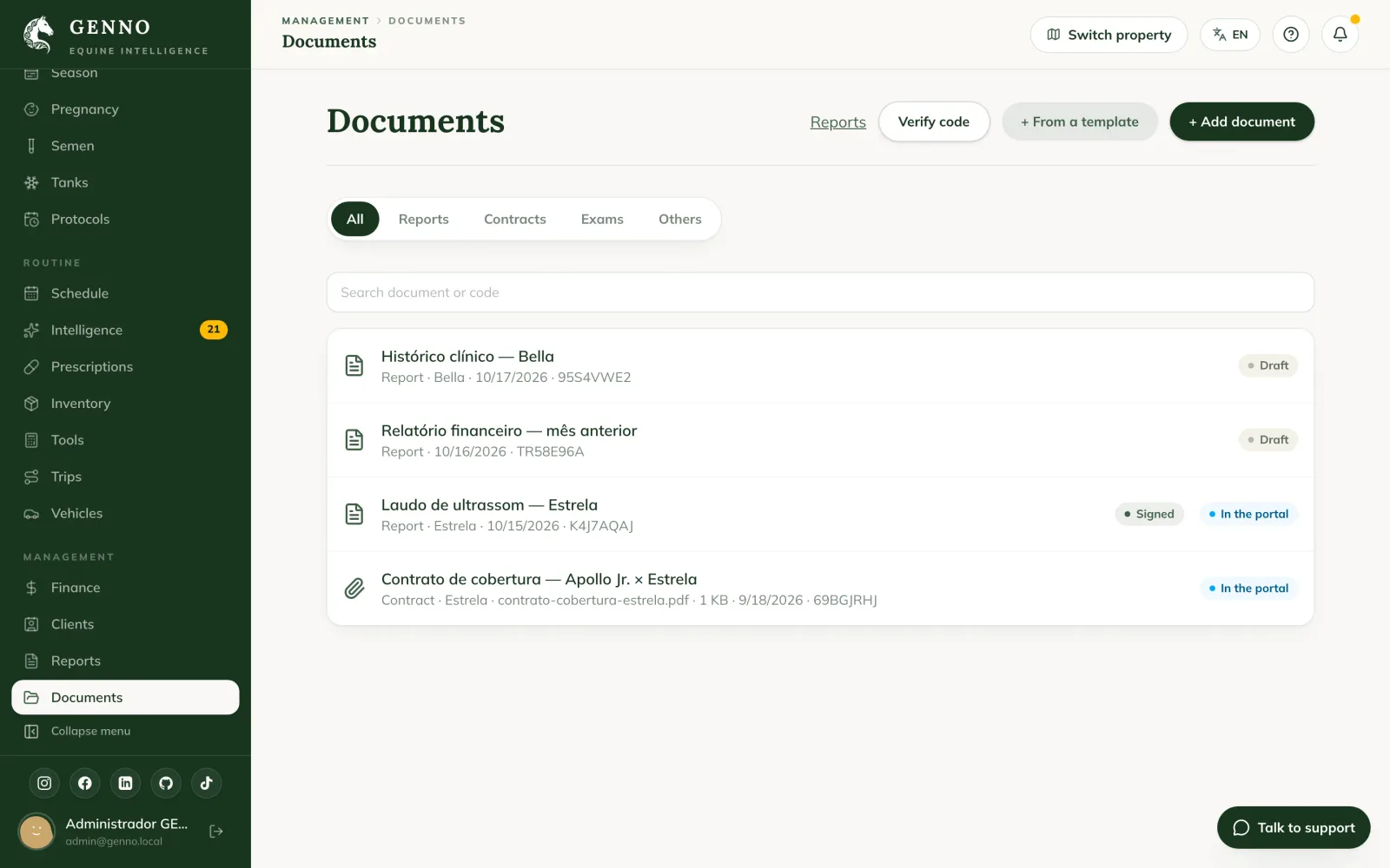 Documents page on the web, with the All, Reports, Contracts, Exams and Others tabs, the search and the list with the Signed, Draft and In the portal labels
