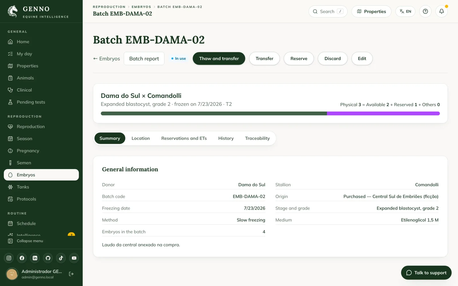Lot EMB-DAMA-02 sur le web, avec le solde, les boutons pour décongeler et réserver et les informations générales