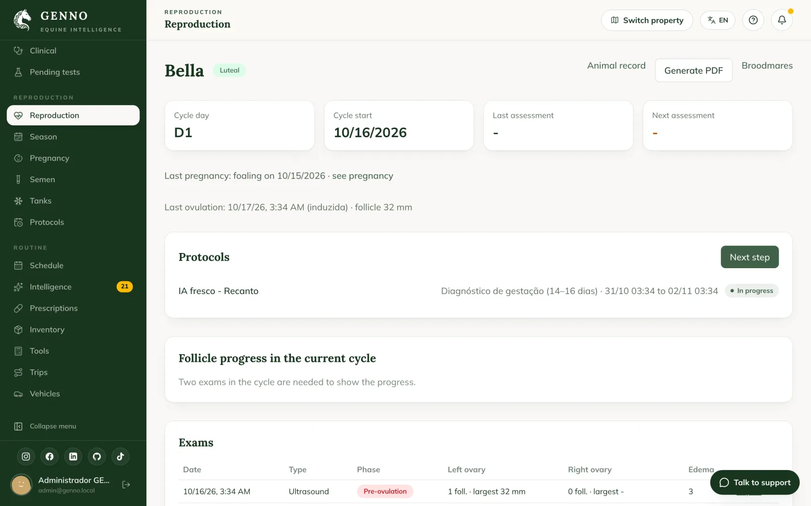 Reproductive record for the mare Luna on the web, with cycle day, protocol and the follicle progress chart