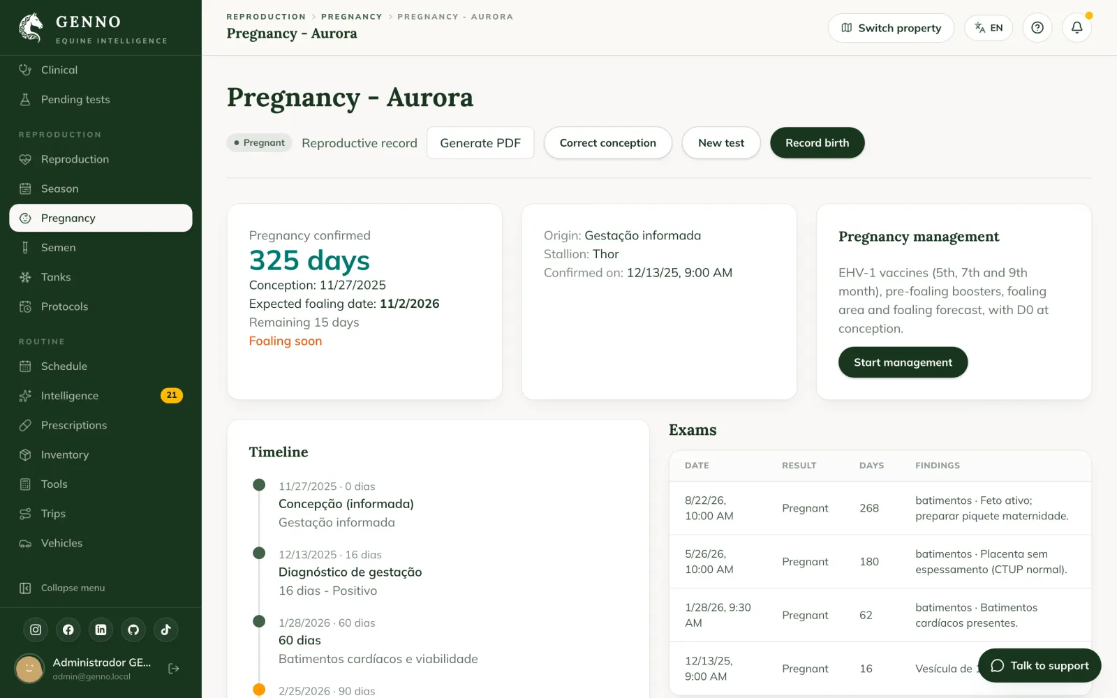 Pregnancy page on the web, with Correct conception, New test, Record birth, the timeline and the exams