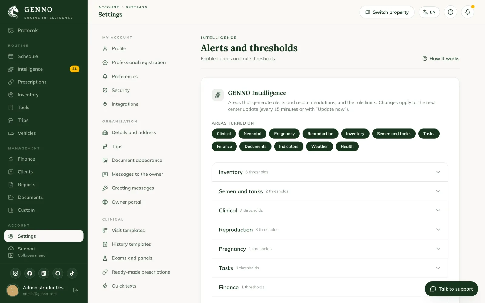 GENNO Intelligence card in the web Settings, with the areas turned on and the Inventory, Semen and tanks and Clinical limits