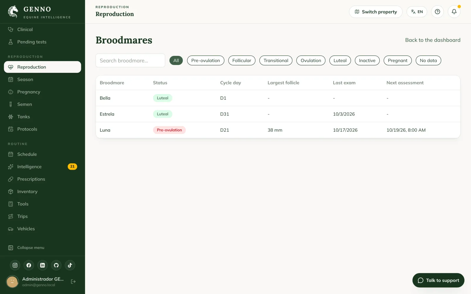 Broodmares list on the web, with search, status filters and the table with cycle day, largest follicle, last exam and next assessment