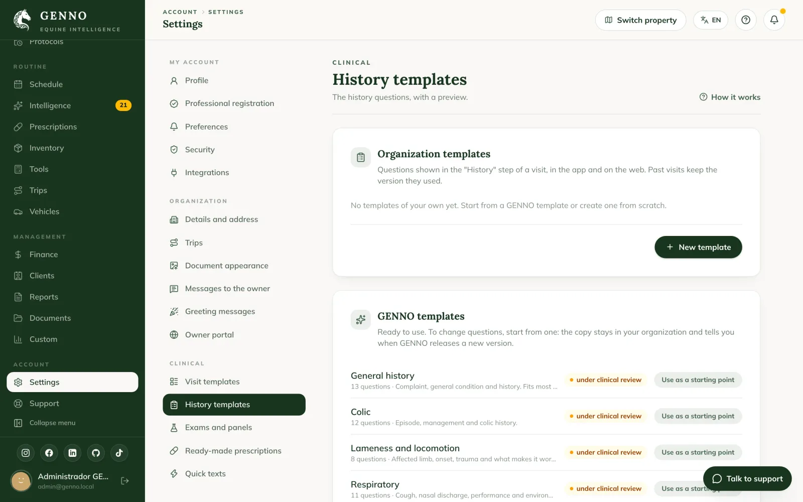 History templates in the web Settings, with the organization's templates and the GENNO templates with the Use as a starting point button