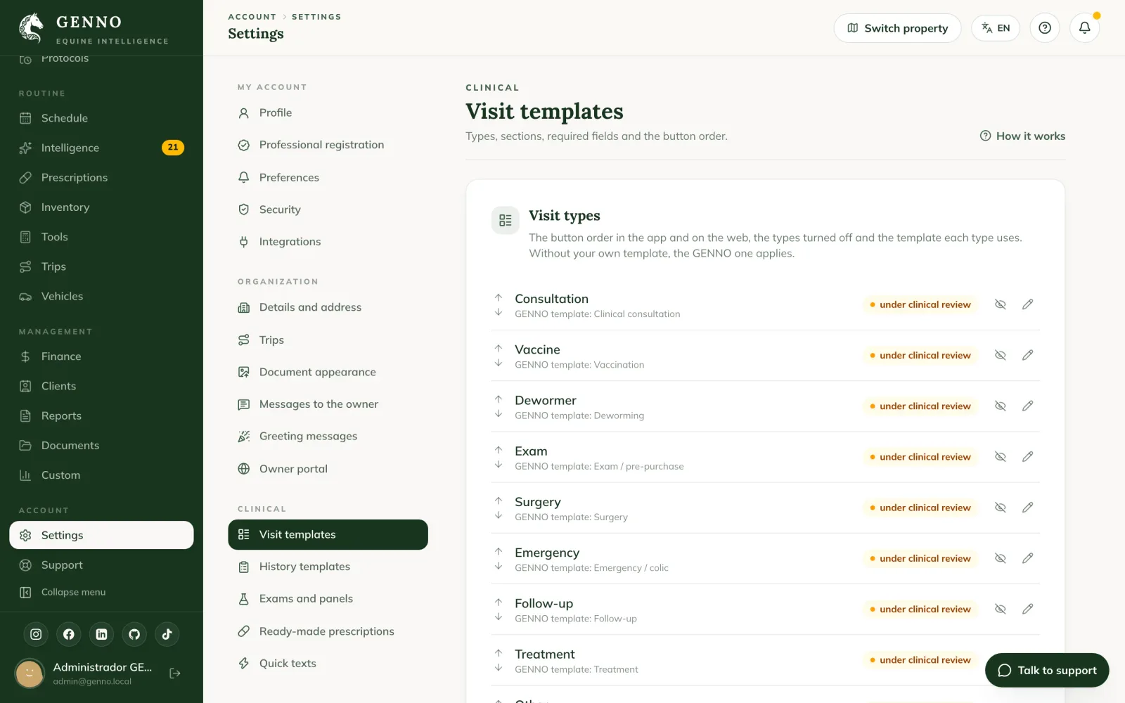 Visit templates in the web Settings, with the types in button order, each type's template and the New custom type button