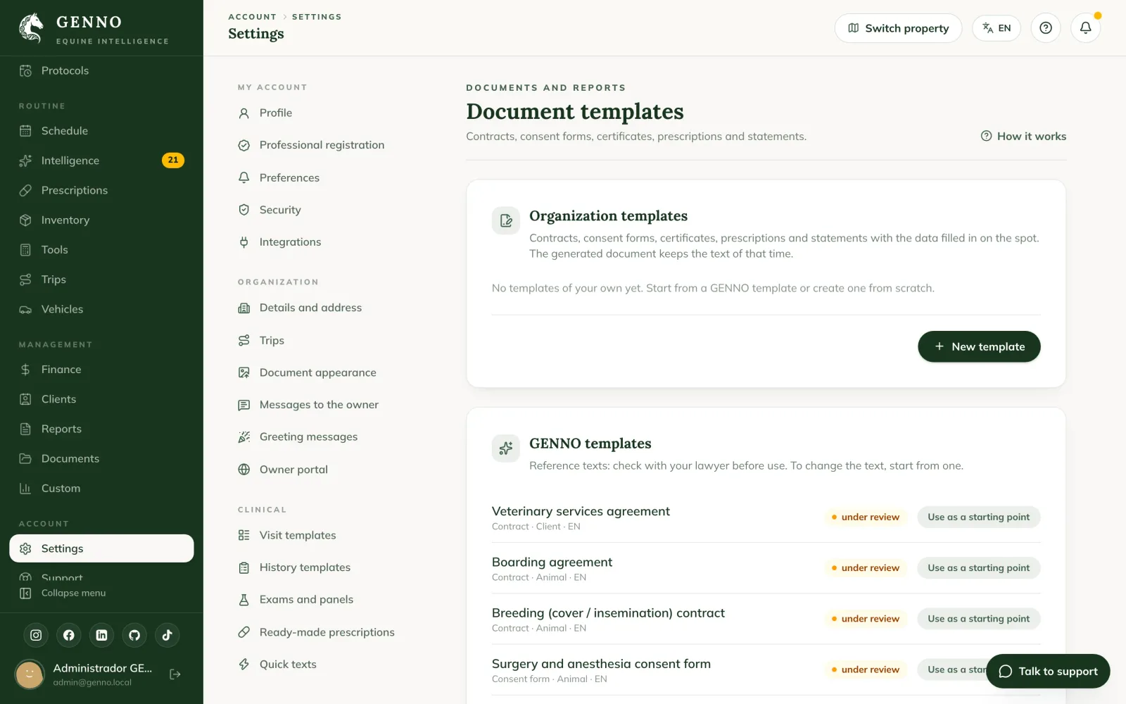 Document templates in the web Settings, with the organization's template and the GENNO templates