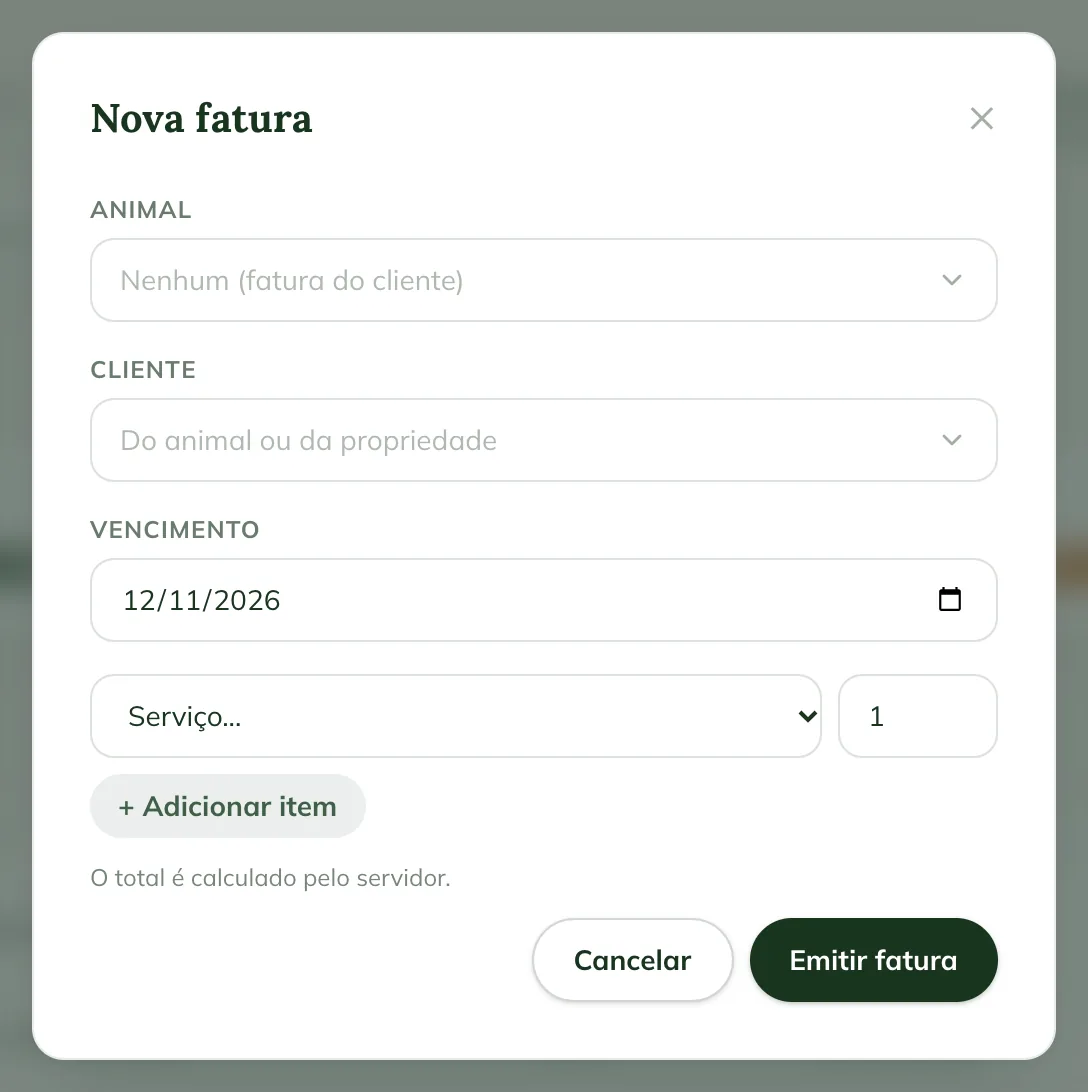 Fenêtre New invoice sur le web, avec Animal, Client, Due date, le service et la quantité et le bouton Issue invoice
