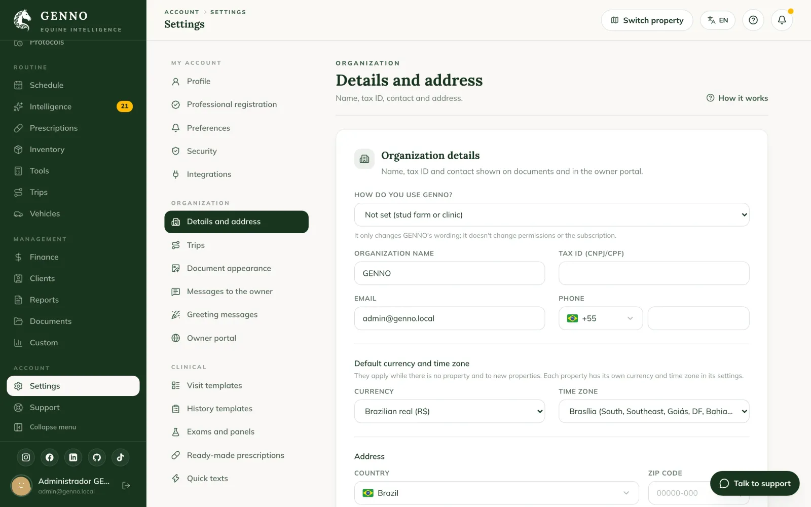 Paramètres de l'organisation sur le web, avec Organization Name, Tax ID (CNPJ/CPF), Email, Phone et Address