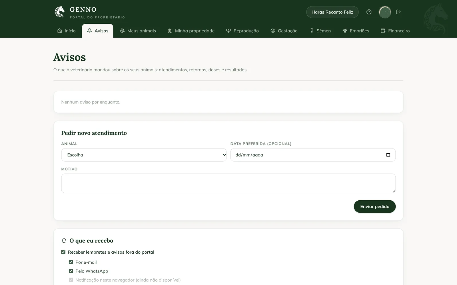 Notices page in the Owner portal, with the list of notices, Request a new visit and What I get