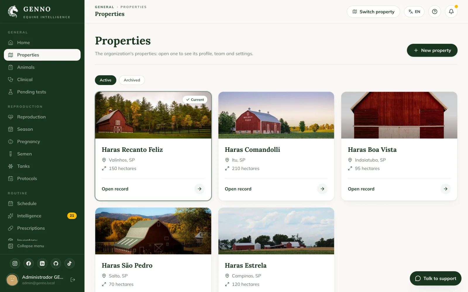 Properties list on the web, with each farm's card, the city, the area and the Open record button