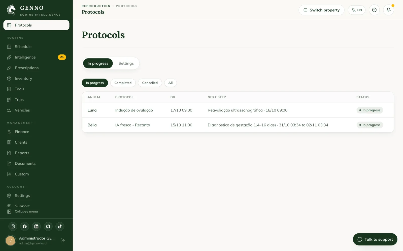 Protocols Settings tab on the web, with the New protocol button, the GENNO catalog and the In-house protocols