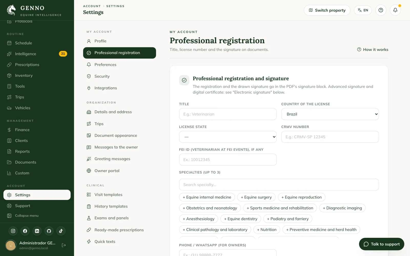Carte Professional registration and signature sur le web, avec Title, License (CRMV), Phone / WhatsApp et le cadre de signature