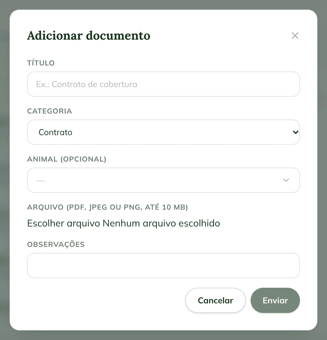 Finestra Add document sul web, con Title, Category, Animal (optional), File e Notes