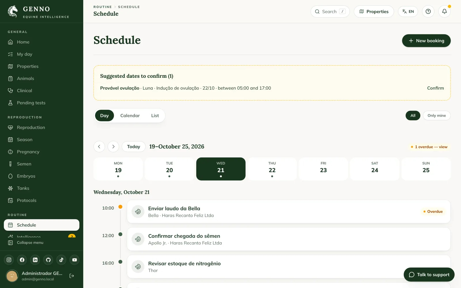 Agenda sul web nella scheda Day, con la settimana dal 12 al 18 ottobre, le date suggerite da confermare e la cronologia di martedì