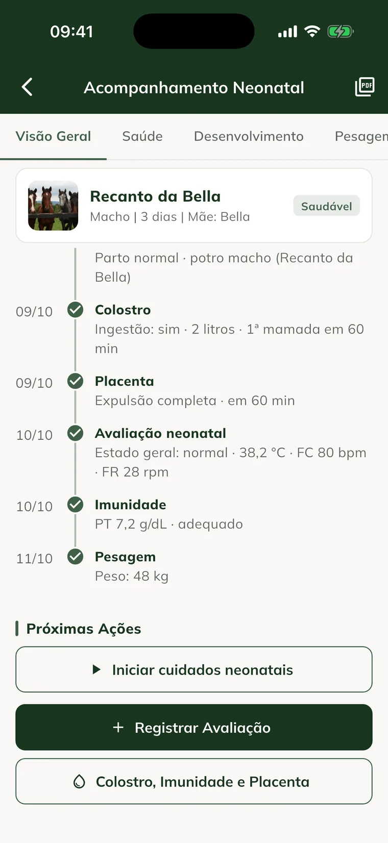 Schermata Neonatal Follow-up nell'app, con la timeline del puledro e i pulsanti Start neonatal care, Record Assessment e Colostrum, Immunity and Placenta