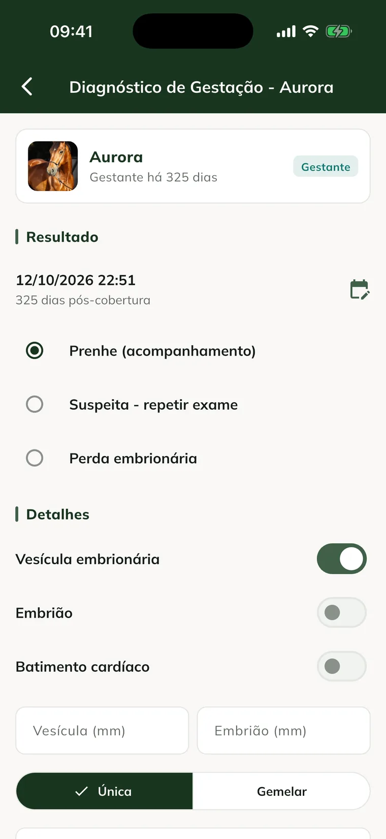 Schermata Pregnancy Diagnosis nell'app, con il risultato Pregnant (follow-up) e i dettagli Embryonic vesicle, Embryo, Heartbeat, Single e Twins