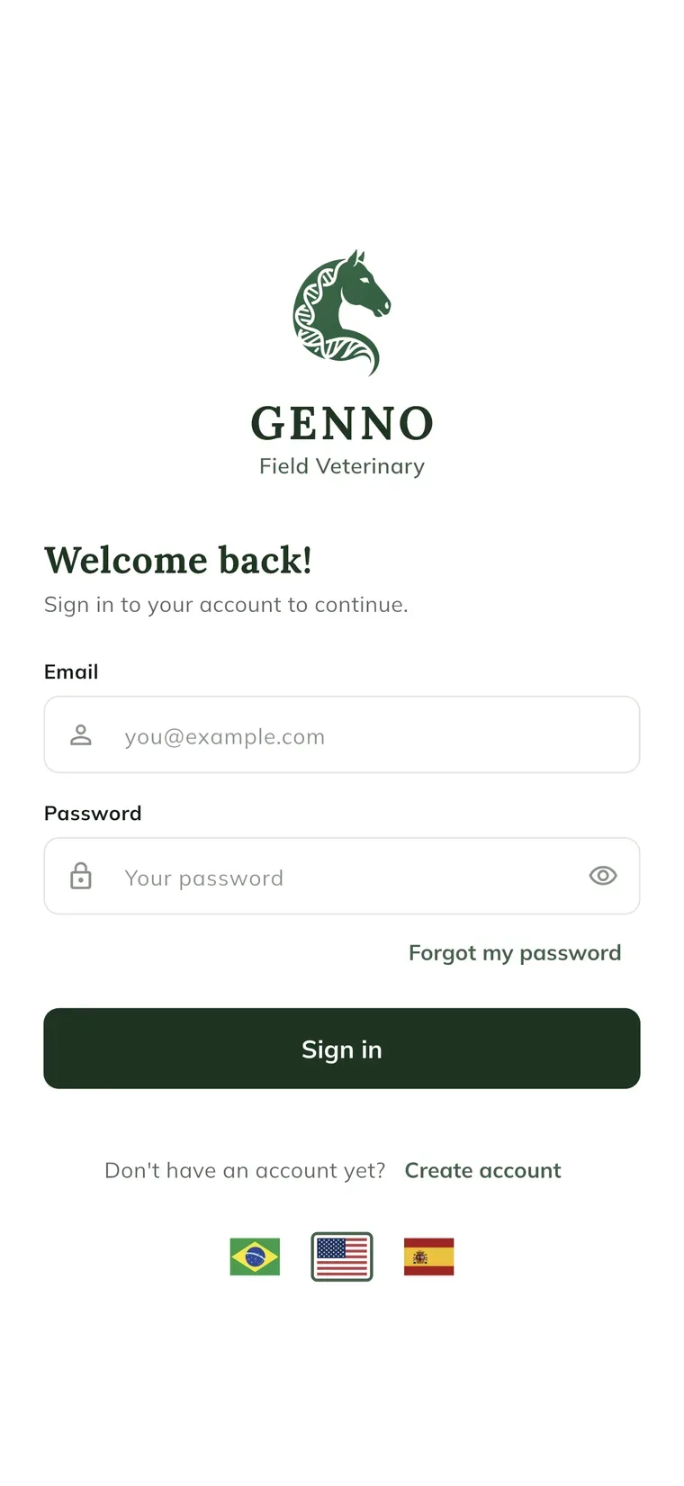 Schermata di accesso dell'app GENNO con il messaggio Welcome back!, i campi Email e Password e il pulsante Sign in