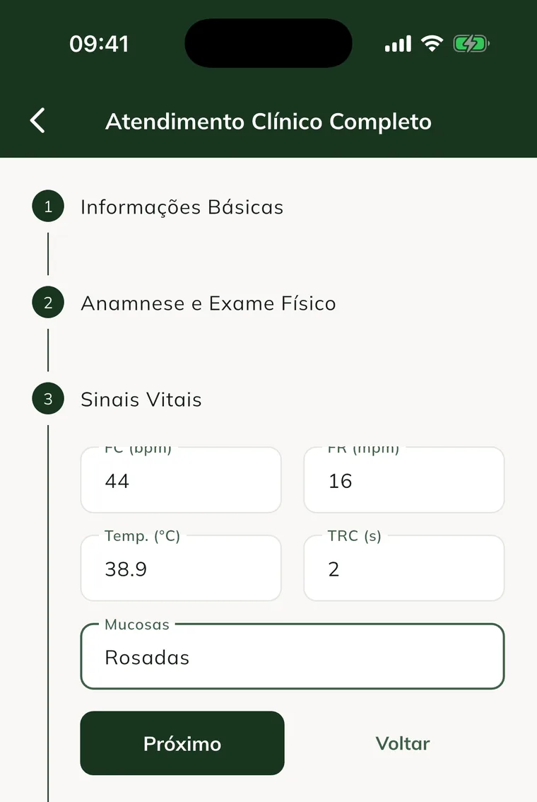 Passaggio Vital Signs della visita, con HR, RR, Temp., CRT e Mucous membranes compilati