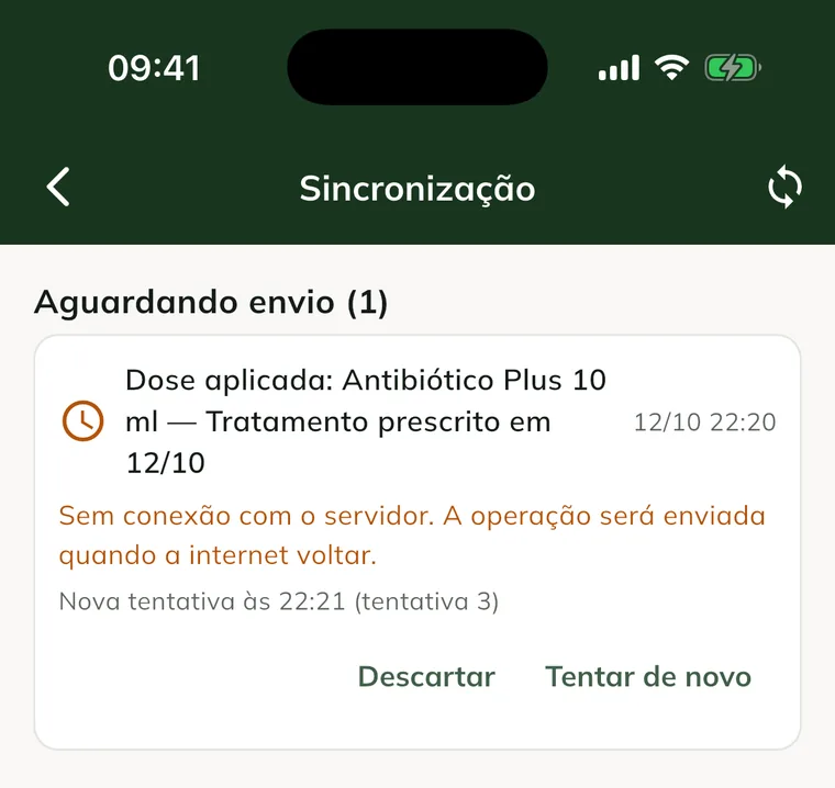 Schermata Sync con una dose sotto Waiting to send, il messaggio No connection to the server, il prossimo tentativo e i pulsanti Discard e Try again