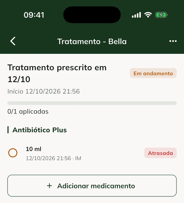Schermata del trattamento nell'app, con l'avanzamento, il farmaco e una dose in ritardo
