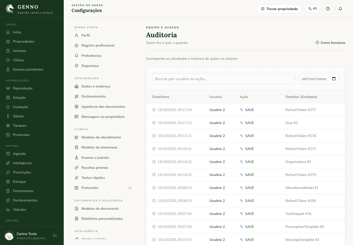 Pagina Audit sul web, con l'elenco delle azioni, data e ora, utente, azione e dettagli dell'entità