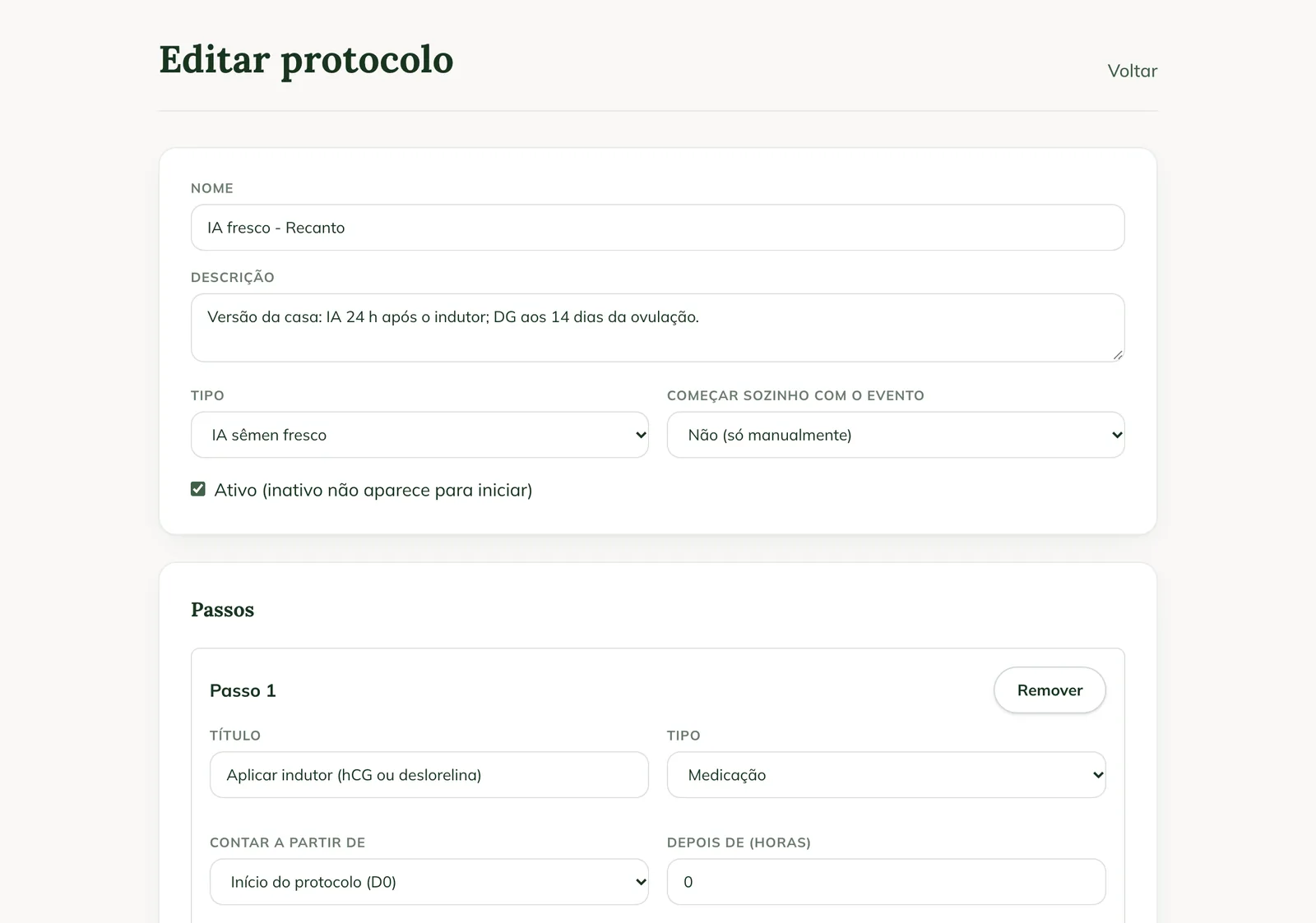 Schermata Edit protocol sul web, con Name, Description, Type, Start automatically with the event, Active e il primo passaggio