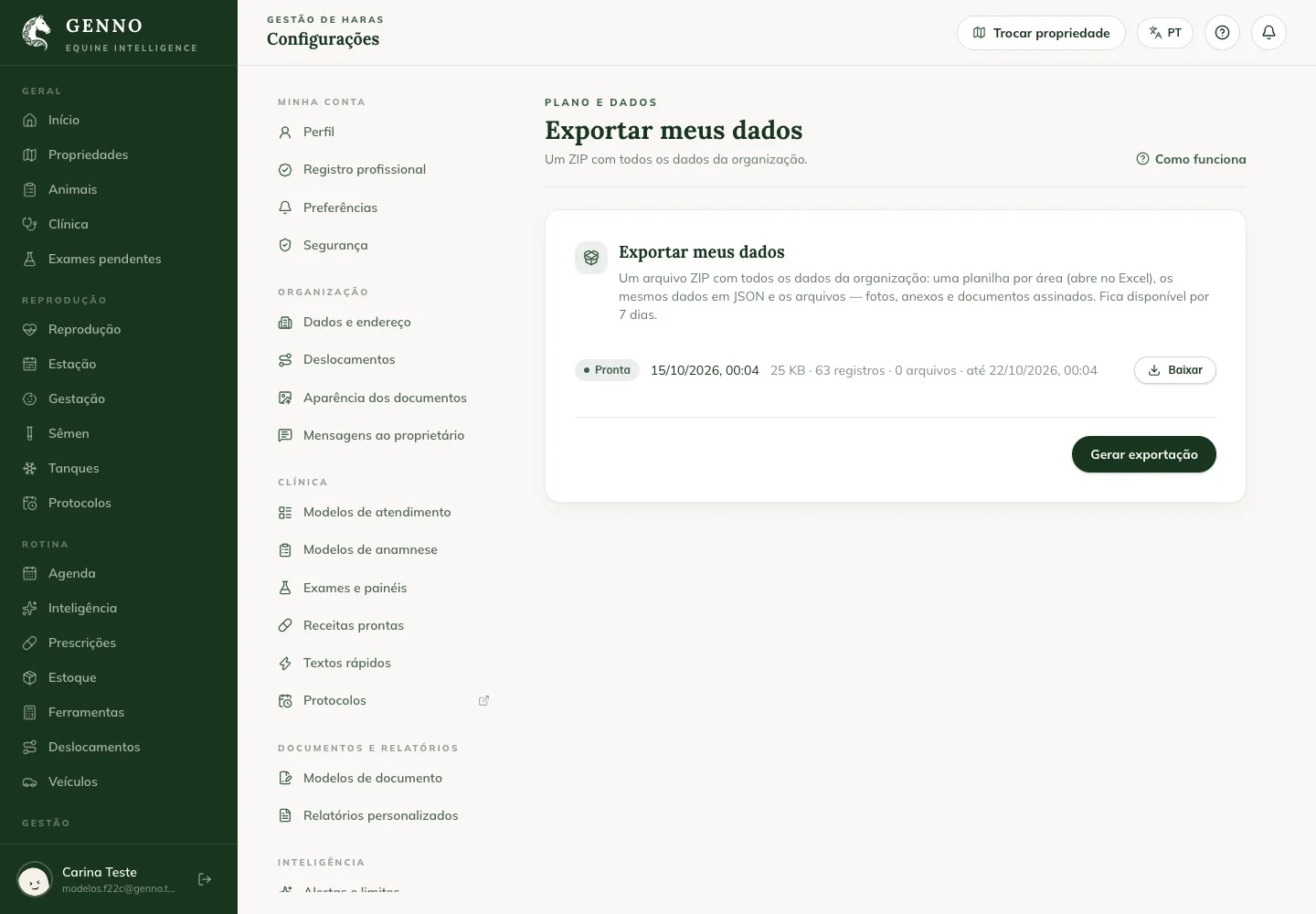Scheda Export my data nelle Settings del web, con il pulsante Generate export e un'esportazione Ready con il pulsante Download