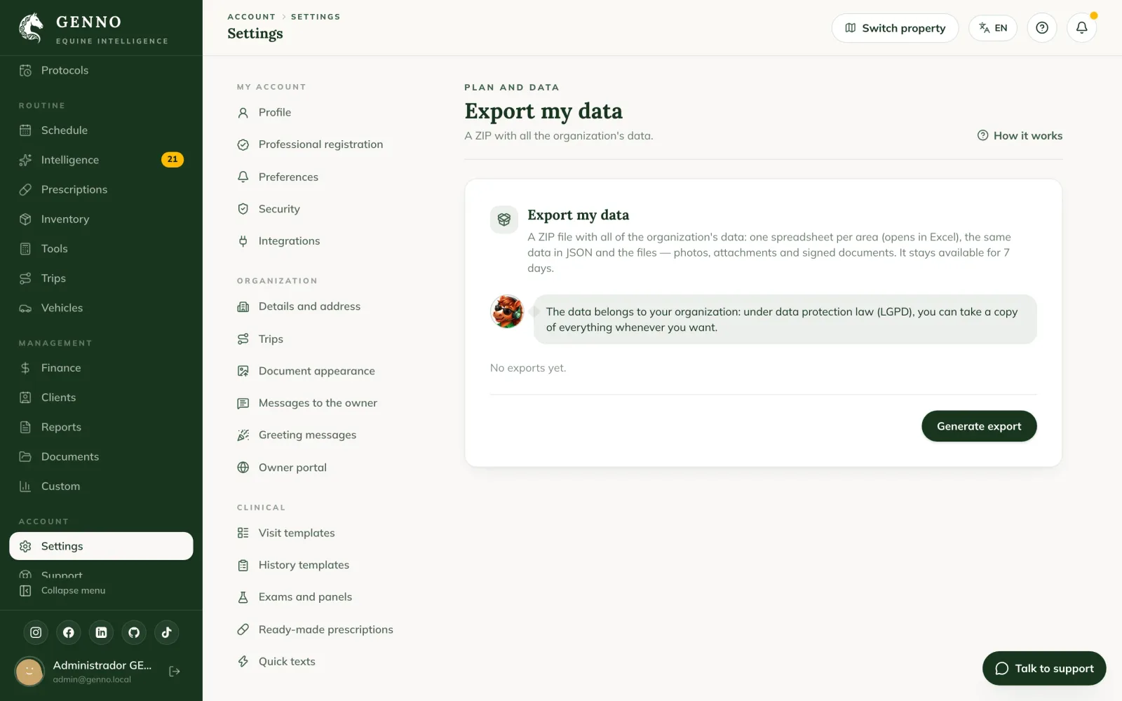 Scheda Export my data nelle Settings del web, con il pulsante Generate export e un'esportazione Ready con il pulsante Download