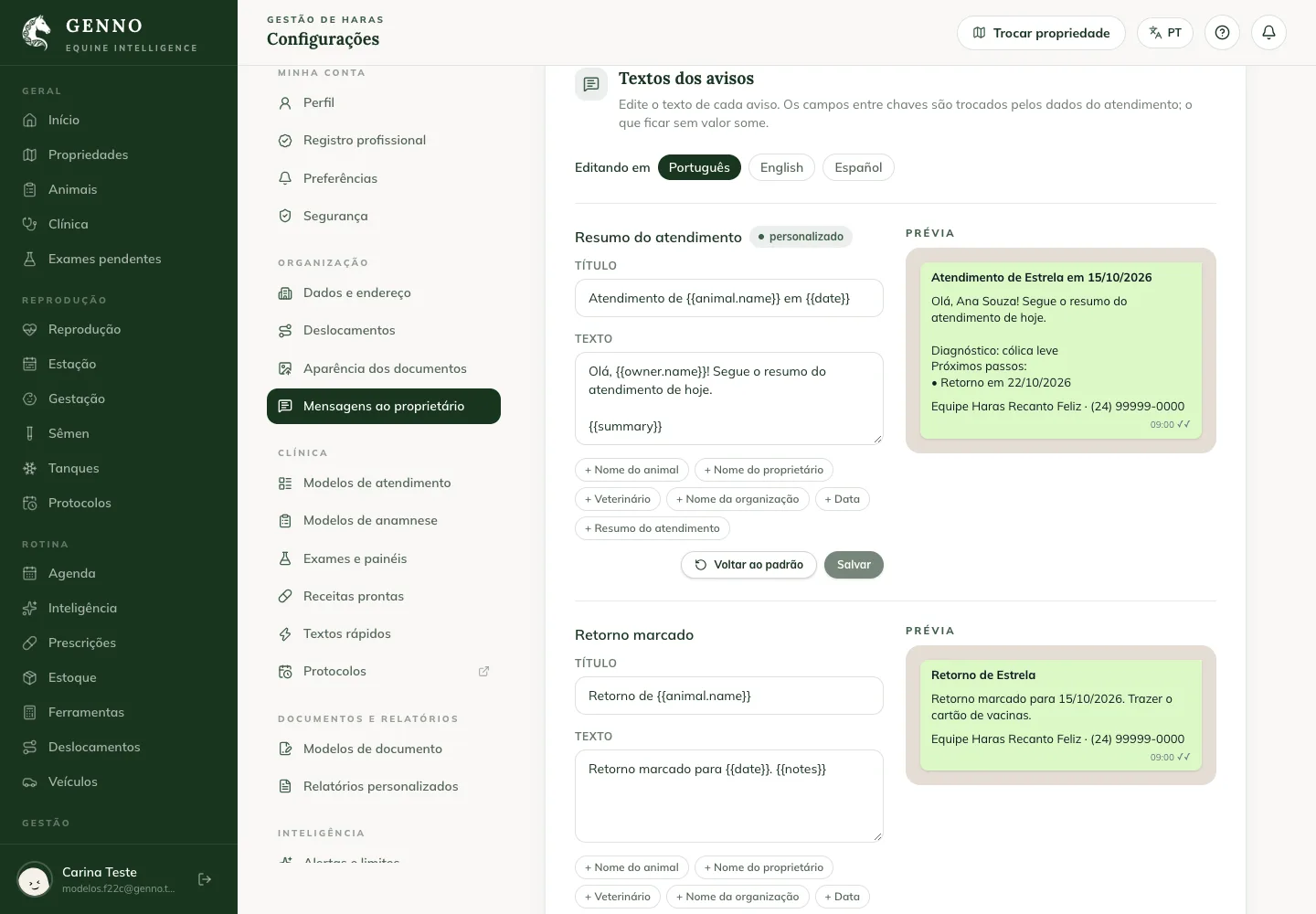 Notice texts nelle Settings del web, con il riepilogo della visita personalizzato e l'anteprima in stile WhatsApp