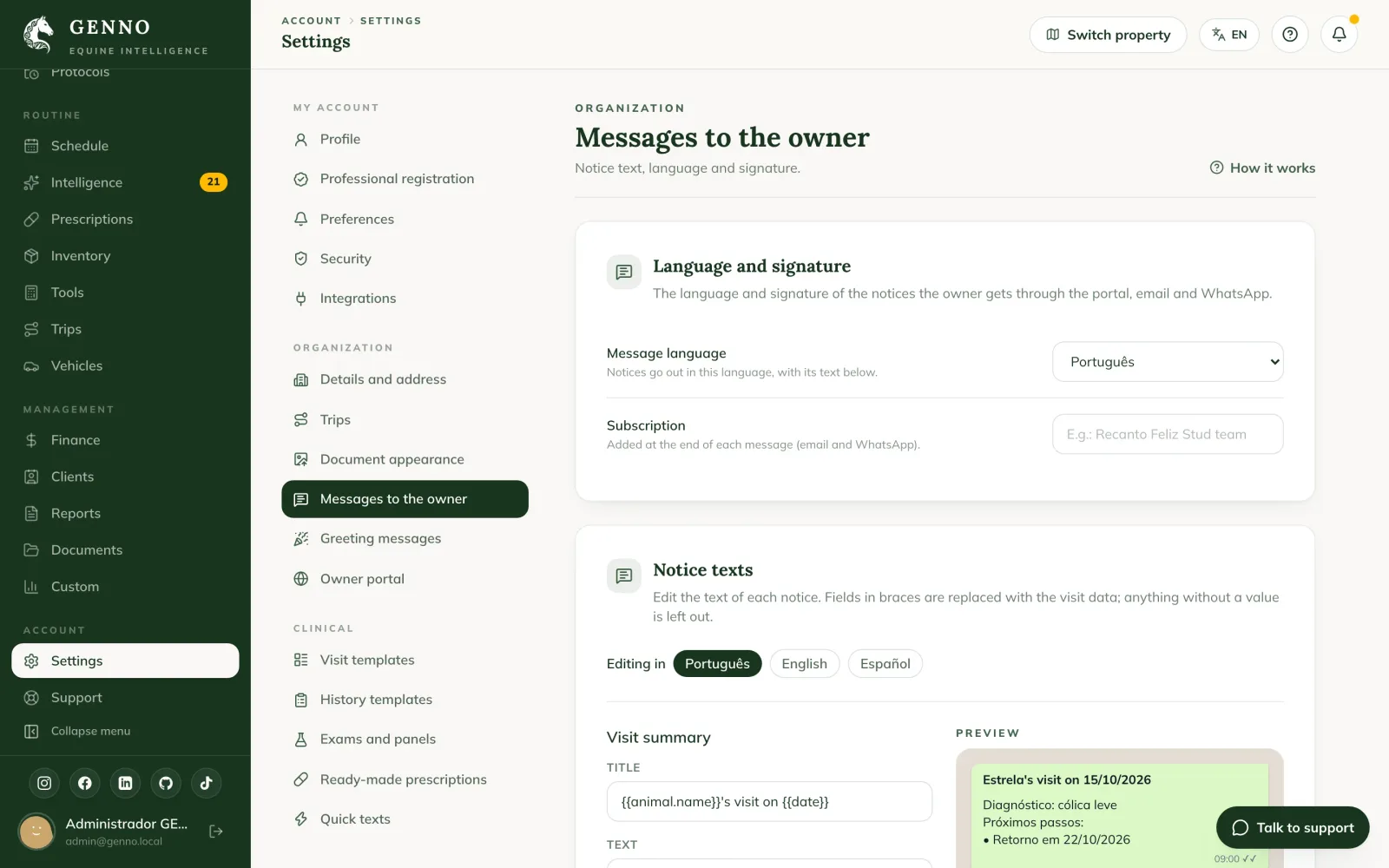 Notice texts nelle Settings del web, con il riepilogo della visita personalizzato e l'anteprima in stile WhatsApp