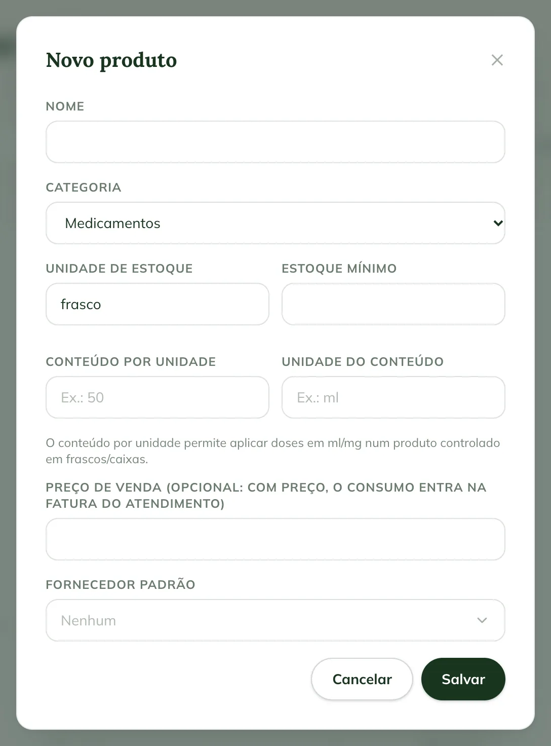 Finestra New product sul web, con Name, Category, Stock unit, Minimum stock, Content per unit, Content unit, Sale price e Default supplier
