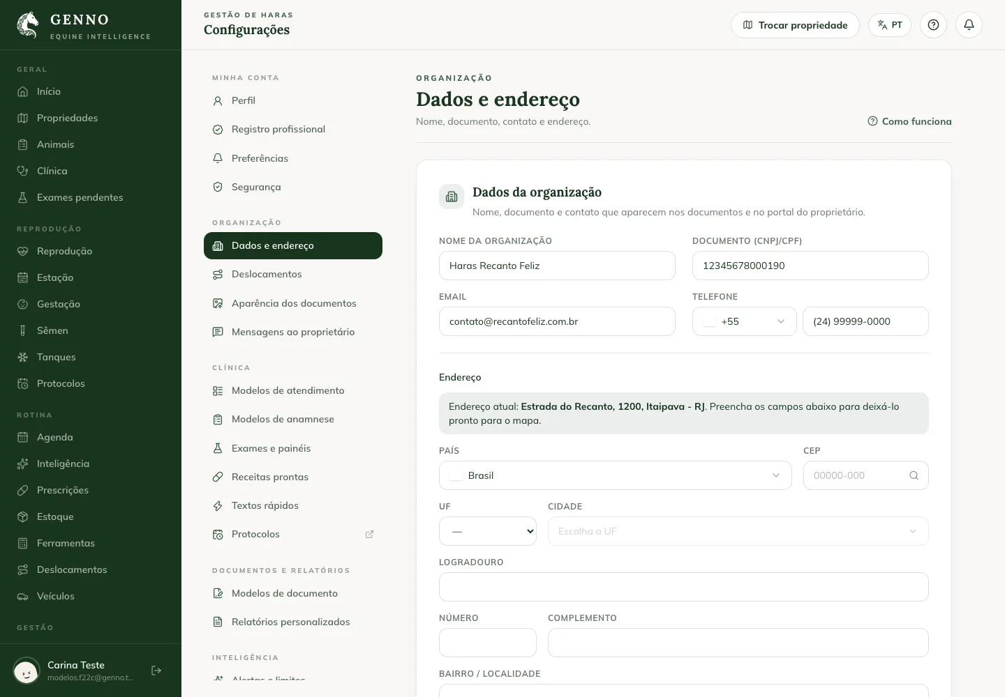 Settings dell'organizzazione sul web, con Organization Name, Tax ID (CNPJ/CPF), Email, Phone e Address