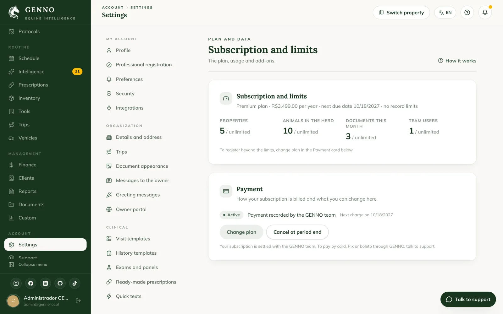 Scheda Subscription and limits nelle Settings del web, con il Premium Plan e l'uso di strutture, animali in mandria, documenti del mese e utenti del team